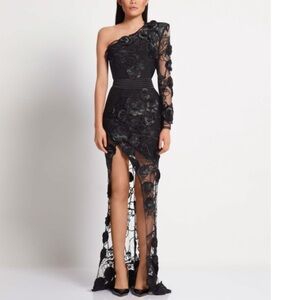 Zhivago Black One-Shoulder Floral Lace Maxi Gown
